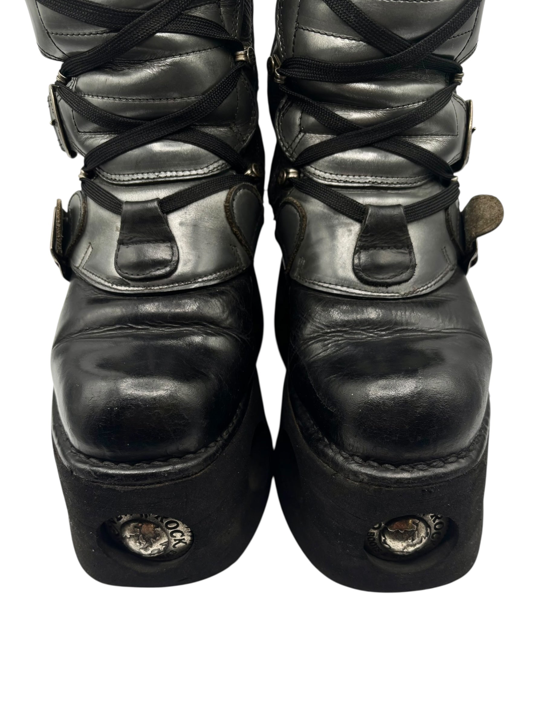 Vintage 90s New Rock mid-calf leather neptuno platform boots size 36