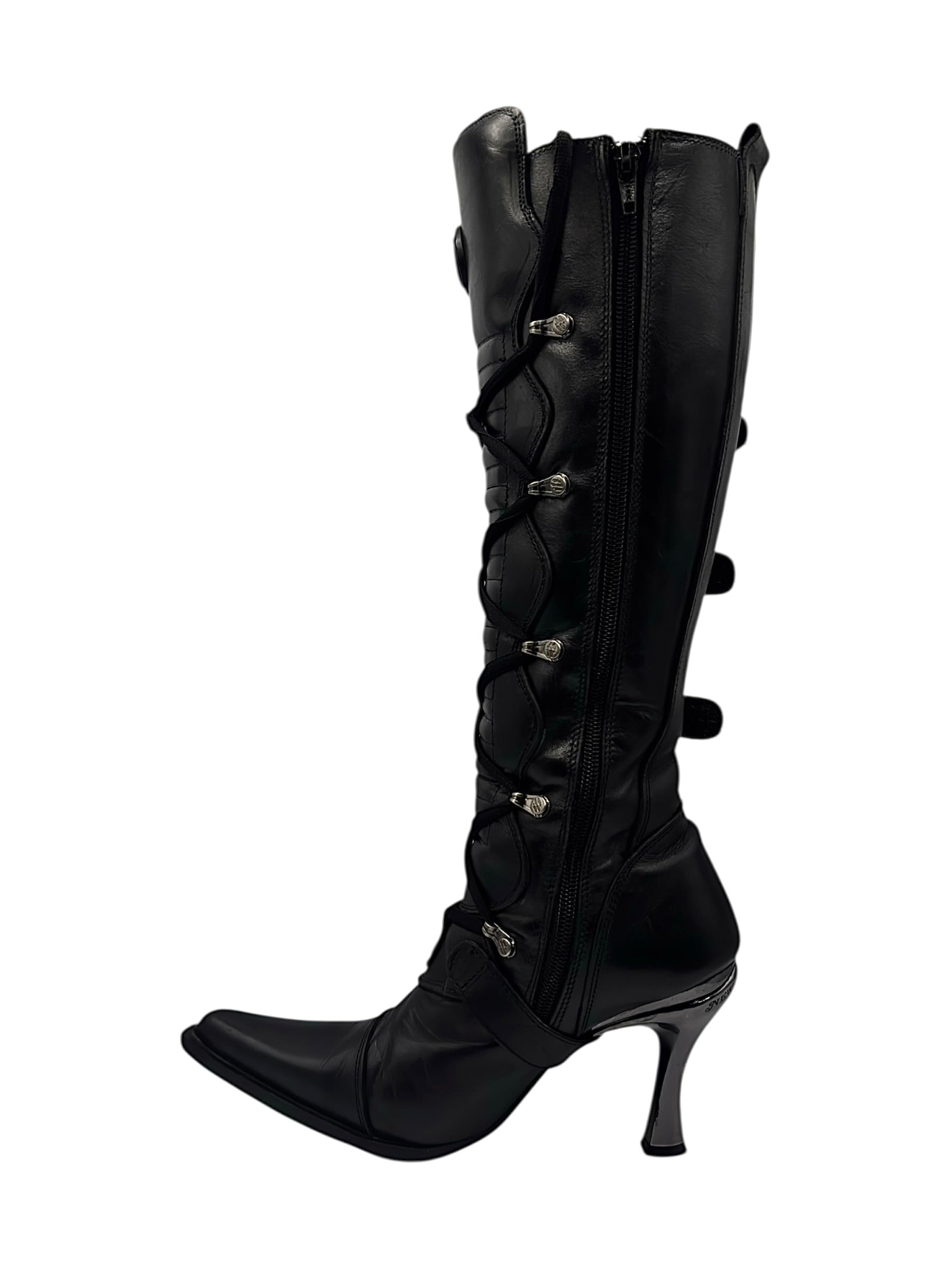 Vintage New Rock knee high leather biker heels size 44