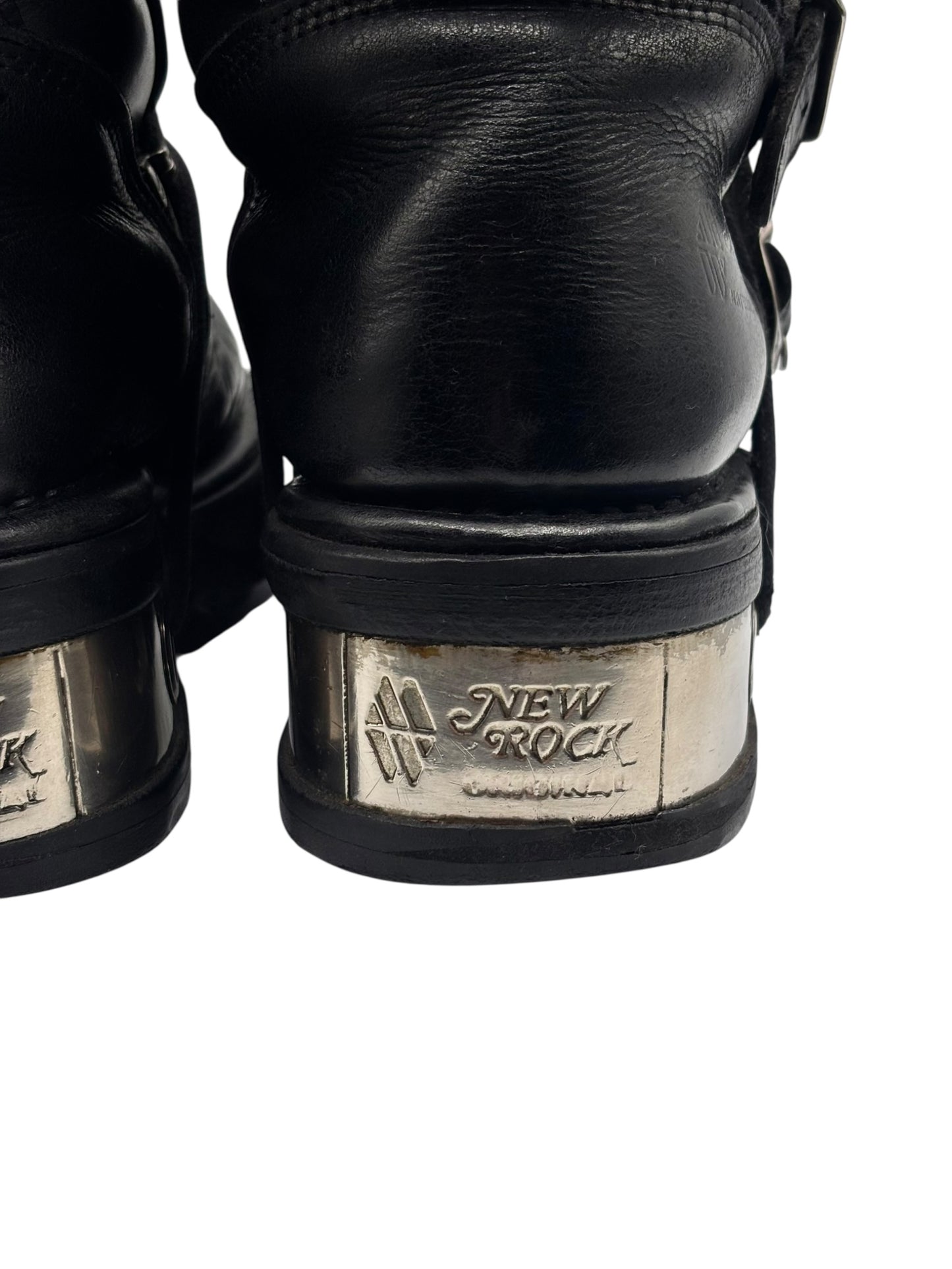 Vintage New Rock buckled raised-heel mid-calf leather boots