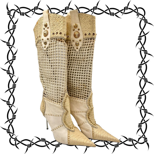 Beautiful El Dantes vintage gold colored pointy leather boots size 36