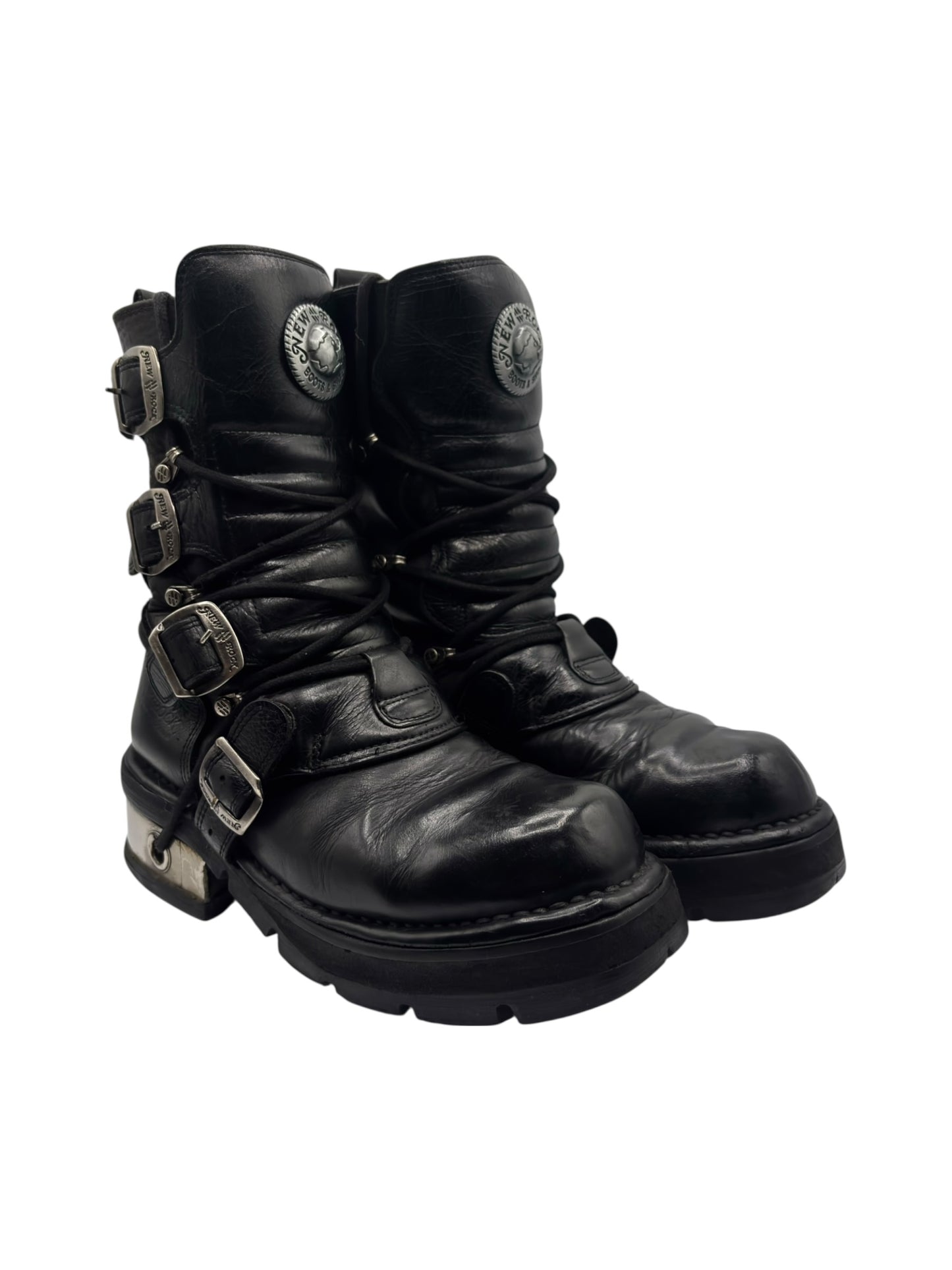 Vintage New Rock buckled raised-heel mid-calf leather boots