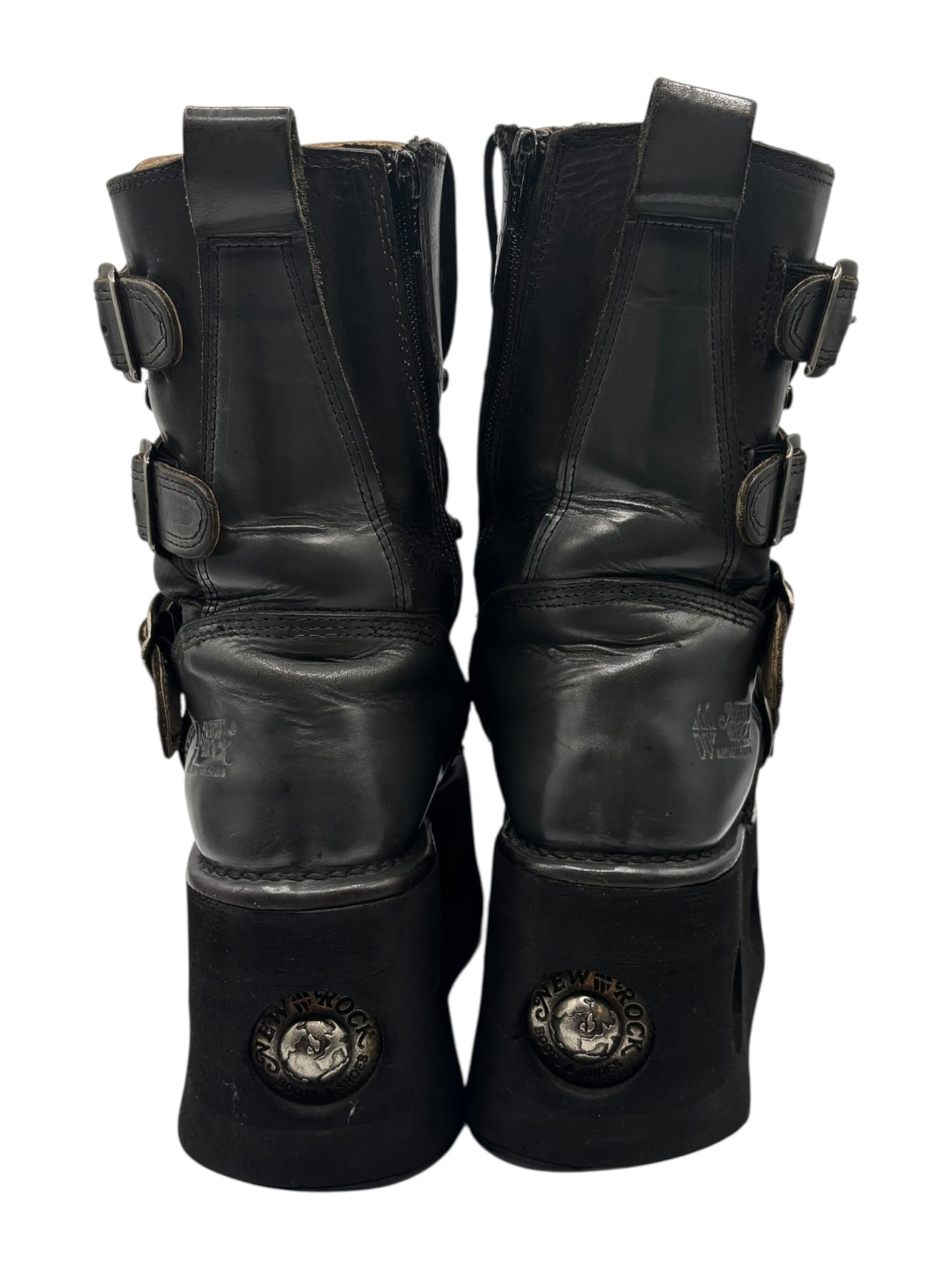 Vintage 90s New Rock mid-calf leather neptuno platform boots size 36