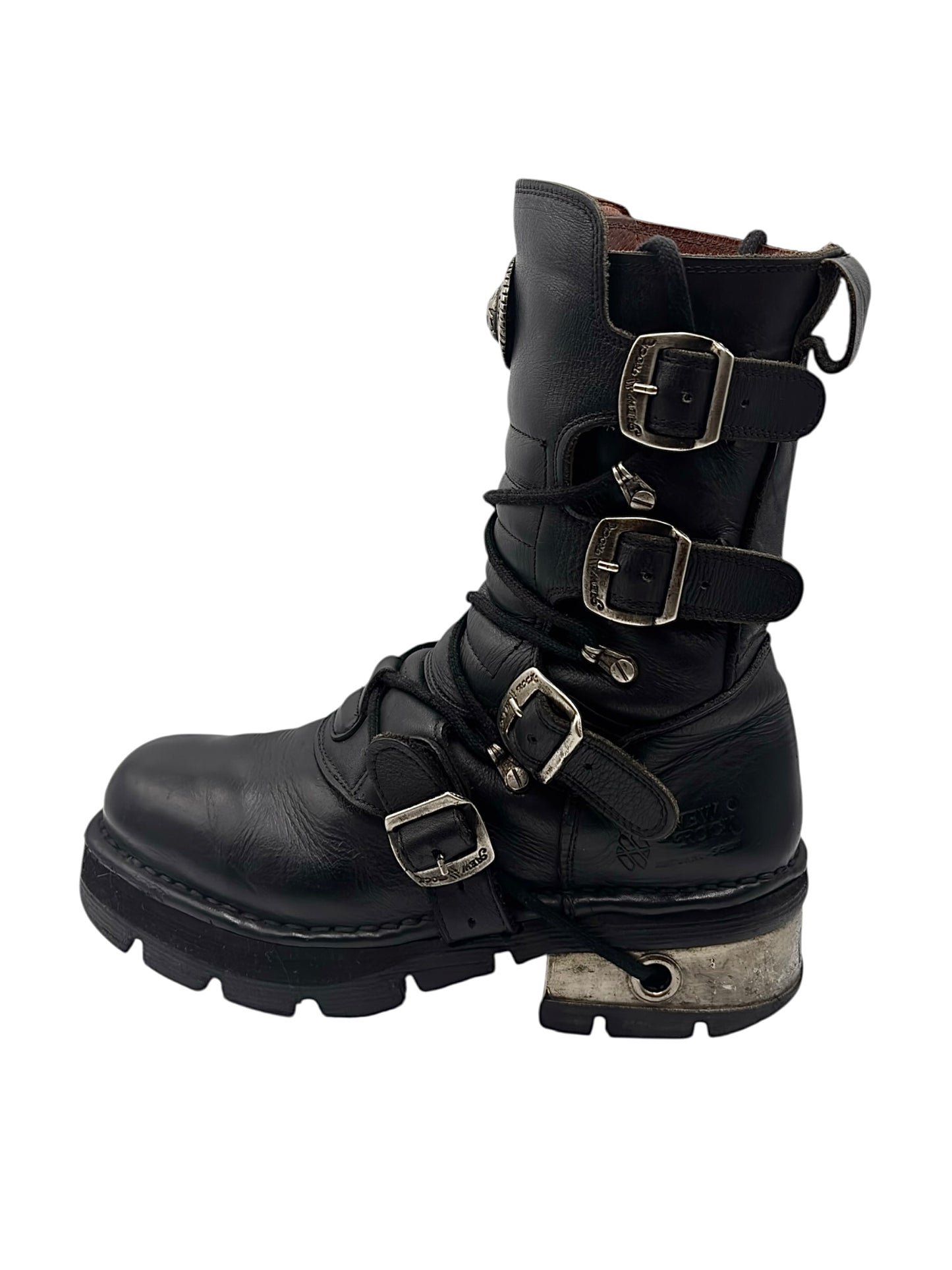 Vintage New Rock buckled raised-heel mid-calf leather boots size 42