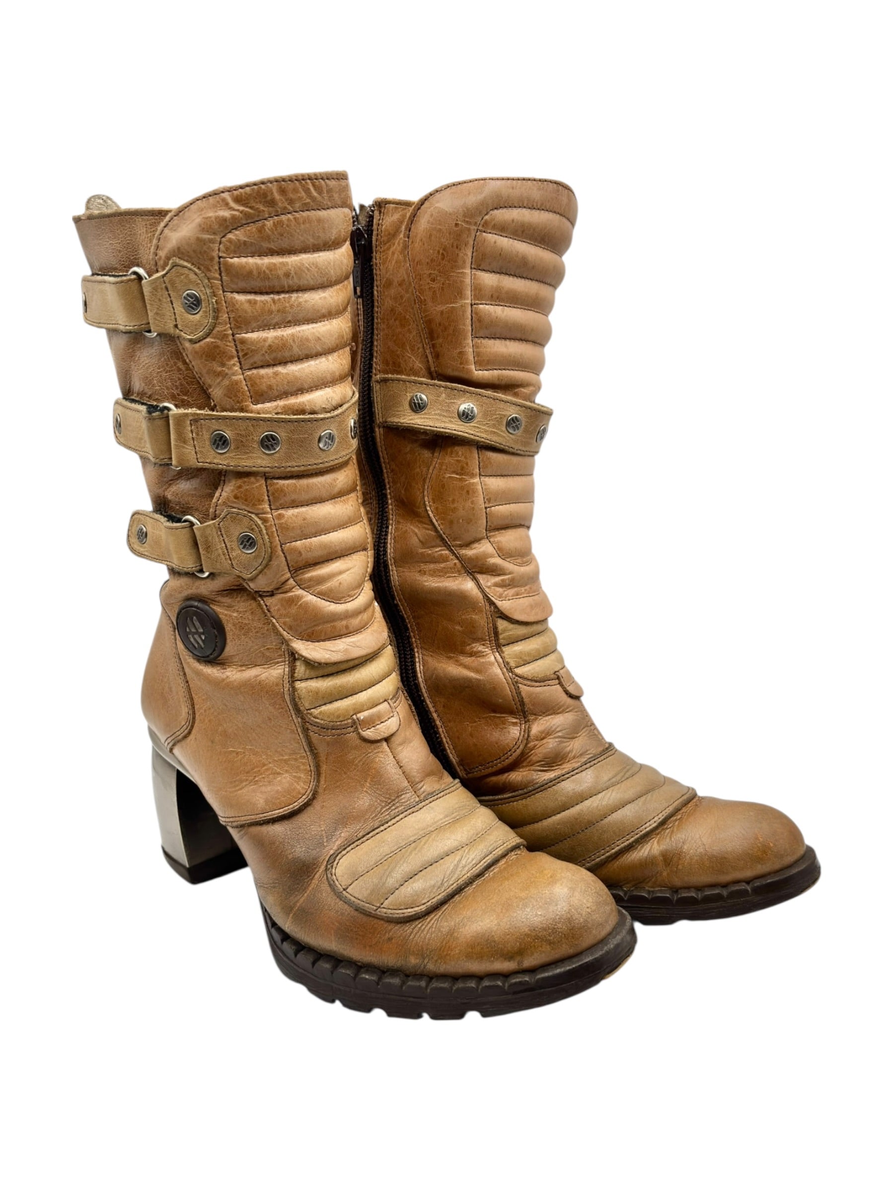 Vintage New Rock beige mid-calf leather biker heels size 37