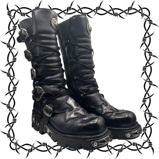 Vintage New Rock knee high leather cross boots size 46